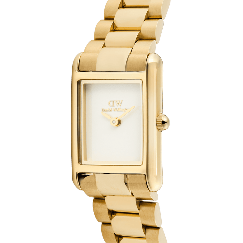 Close-up of the Bound Mini 3-Link Gold watch showing its polished rectangular gold case, crisp white dial, and classic 3-link gold bracelet with a minimalist design.