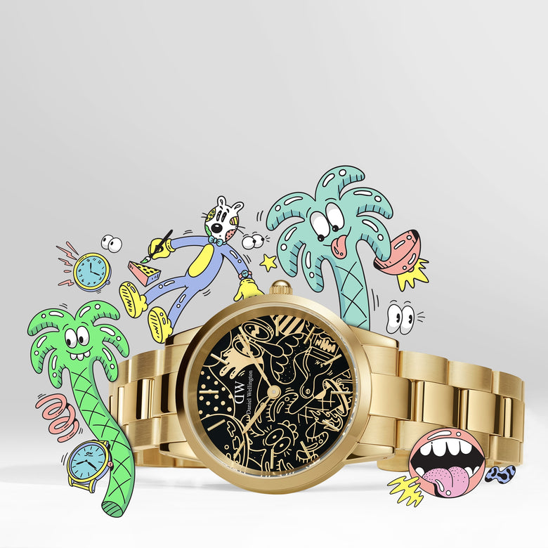 Limited edition Daniel Wellington Iconic Link Dual Tone Gold watch with a black dial featuring Steven Harrington’s gold illustrations, displayed with playful cartoon artwork in the background highlighting its creative and artistic design.