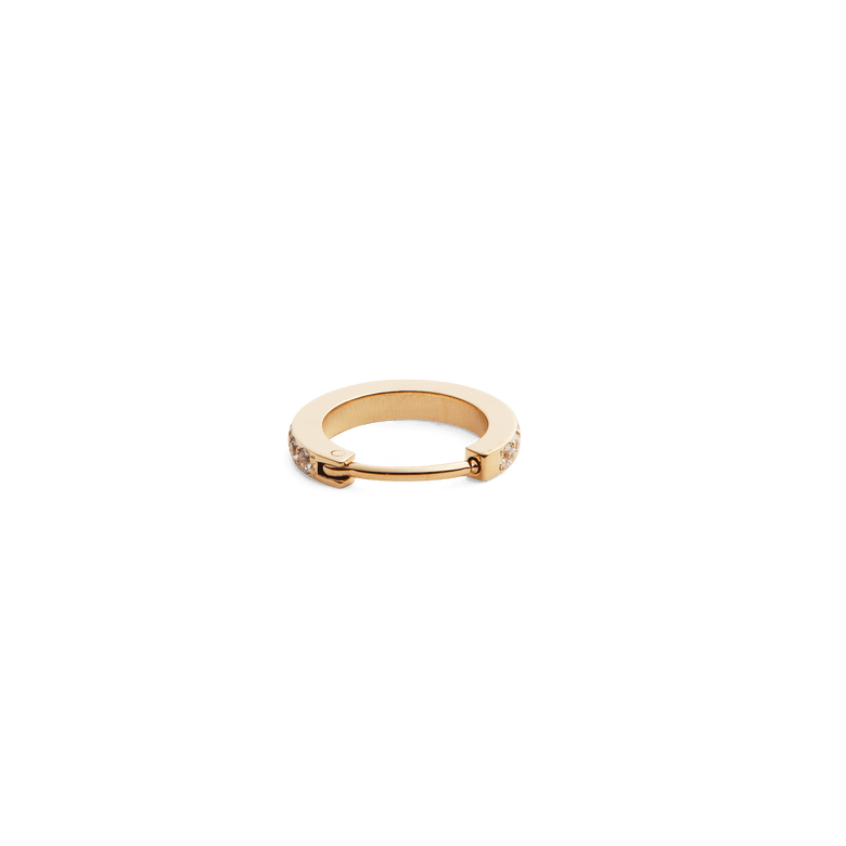 Crystal Hoop Earring Gold shown closed, highlighting its slim gold hoop and sparkling cubic zirconia crystals set along the front.