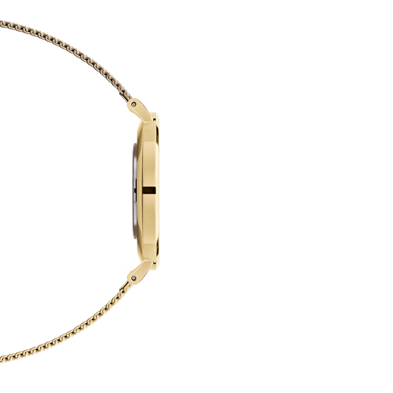 Side profile of the Petite Evergold Black gold watch, showing its slim case and lightweight gold mesh strap designed for a comfortable fit on petite and medium wrists.
