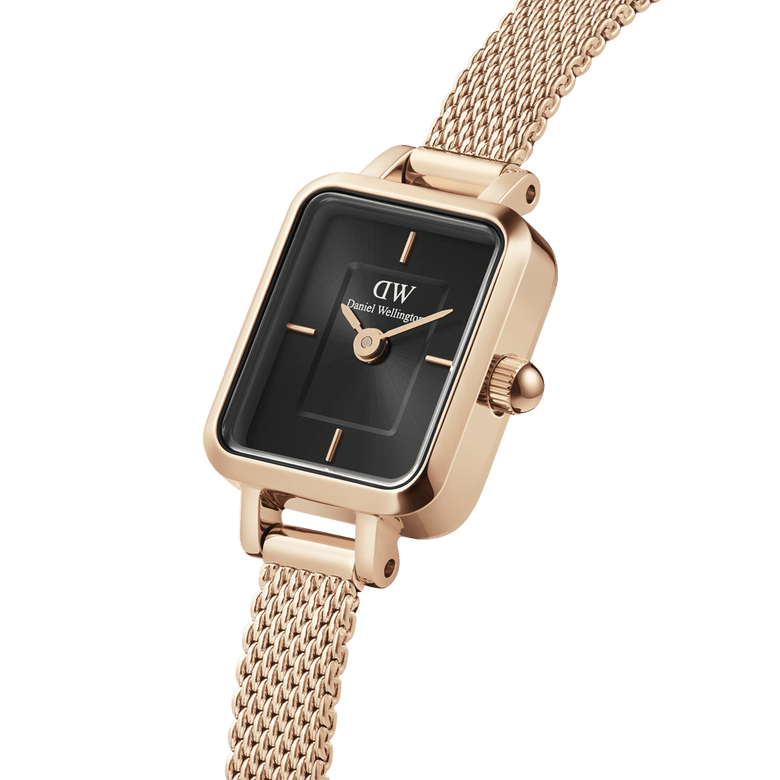 Quadro Mini Melrose Onyx ladies watch with a rectangular onyx black dial, rose gold case, and adjustable rose gold mesh strap, highlighting its refined minimalist design and durable stainless steel construction.