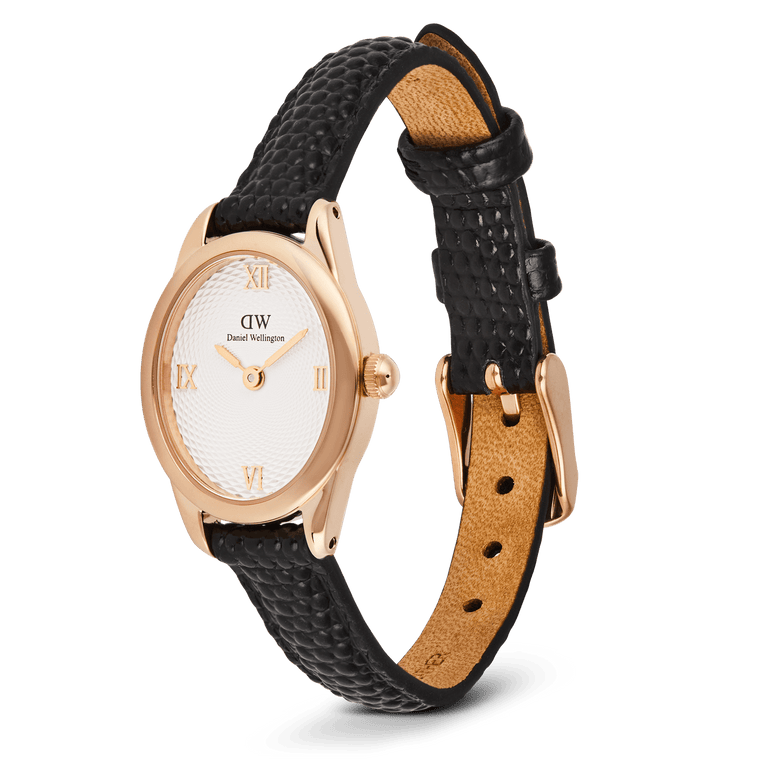 Ophelia Mini Black Lizard White Guilloché Rose Gold watch with a petite oval rose gold case, white guilloché dial, Roman numerals, and a black lizard-embossed genuine leather strap with pin buckle closure.
