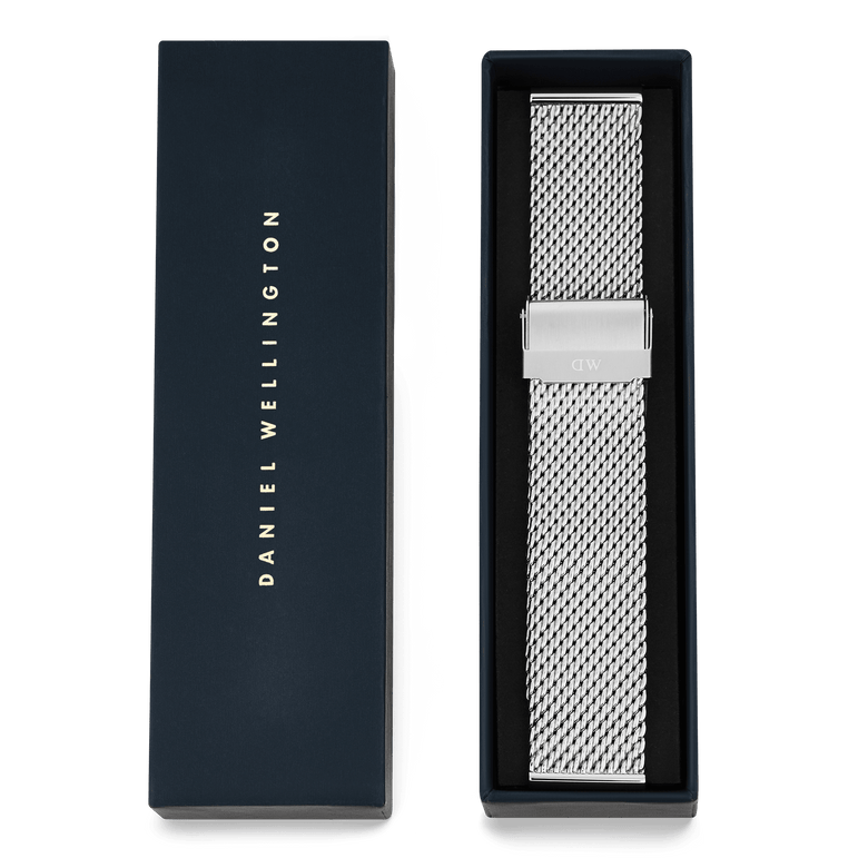 Mesh Sterling Strap Silver displayed in a premium gift box, featuring a polished stainless steel mesh design and secure fold-over clasp, perfect for upgrading your watch or gifting.