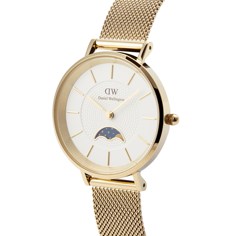 Petite Lune Evergold gold ladies watch with a white textured dial, gold hour markers, moon-phase sub-dial, and a slim gold mesh strap, shown from a side angle to highlight its elegant design.