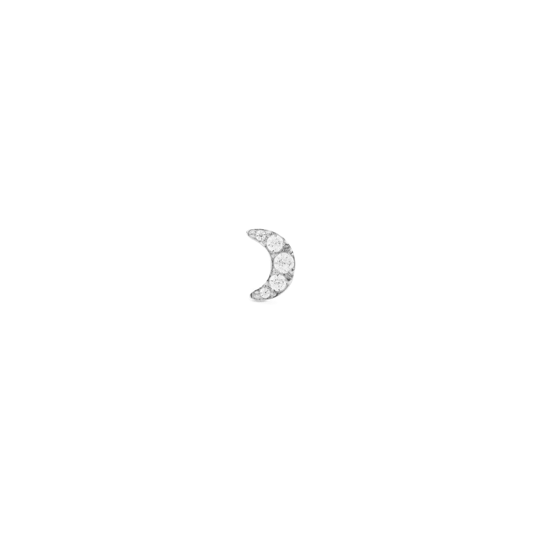 Crystal Moon Stud Silver earring featuring a petite crescent shape with sparkling cubic zirconia crystals and a polished silver finish.