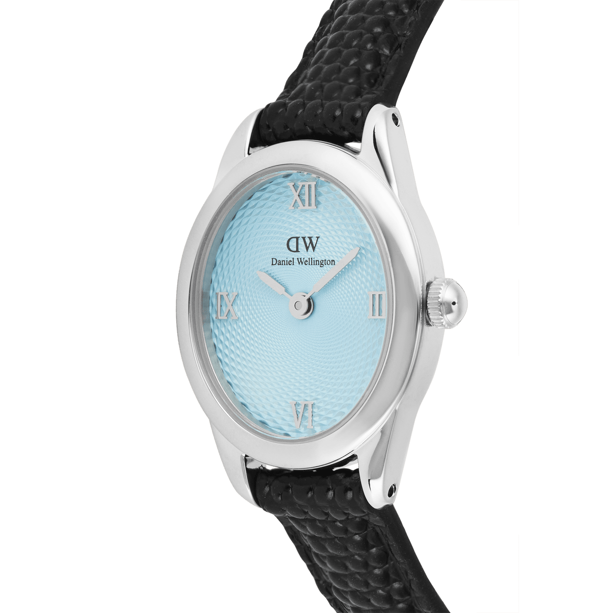 Close-up of the Daniel Wellington Ophelia Mini Black Lizard Ice Blue Guilloché Silver watch, highlighting the oval silver case, textured ice blue dial with Roman numerals, and black lizard-embossed leather strap.