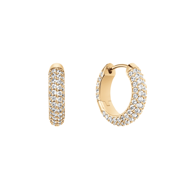 Gold Pavé Crystal Earrings featuring a classic hoop design, set with rows of sparkling cubic zirconia crystals for an elegant, refined finish.