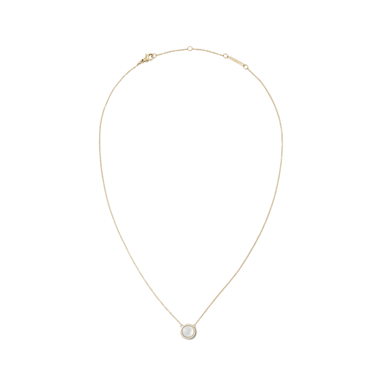Gold necklace with a fine adjustable chain featuring a round mother of pearl pendant, surrounded by a halo of white cubic zirconia crystals.