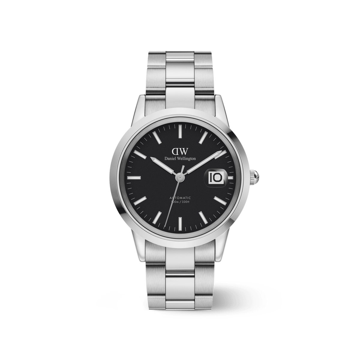 Daniel Wellington Iconic Link Automatic watch with a black dial, luminous hour markers, and a magnified date window, set in a polished stainless steel bracelet and 40mm case.