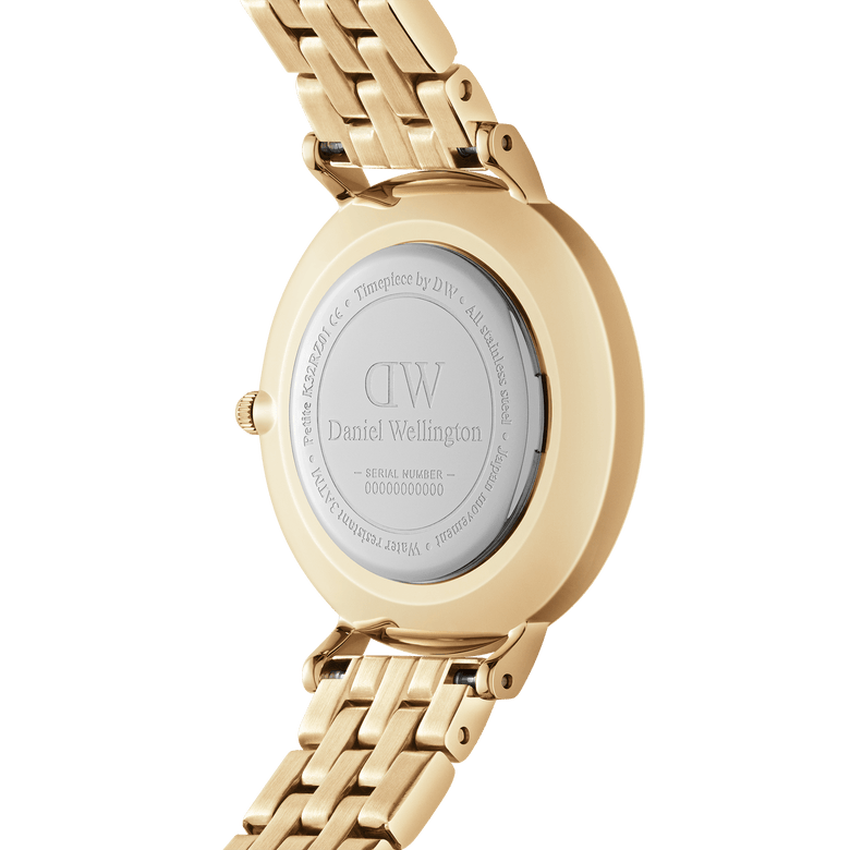 Back view of the Petite Roman Numerals 5-Link Gold watch, highlighting the engraved stainless steel case and the elegant gold 5-link bracelet.