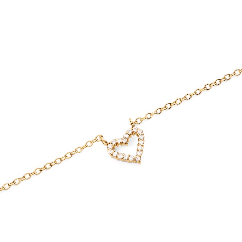 Close-up of the Mirelle Heart Necklace Gold showing a fine gold chain and an open heart pendant adorned with sparkling white cubic zirconia crystals.
