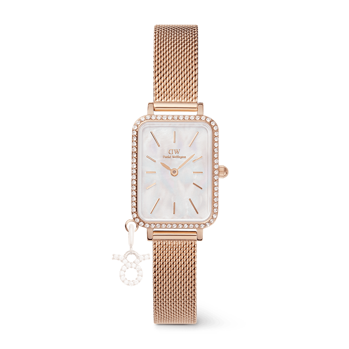 Rose gold ladies watch with a rectangular case, white mother of pearl dial, crystal border, and an interchangeable zodiac charm on an adjustable mesh strap.