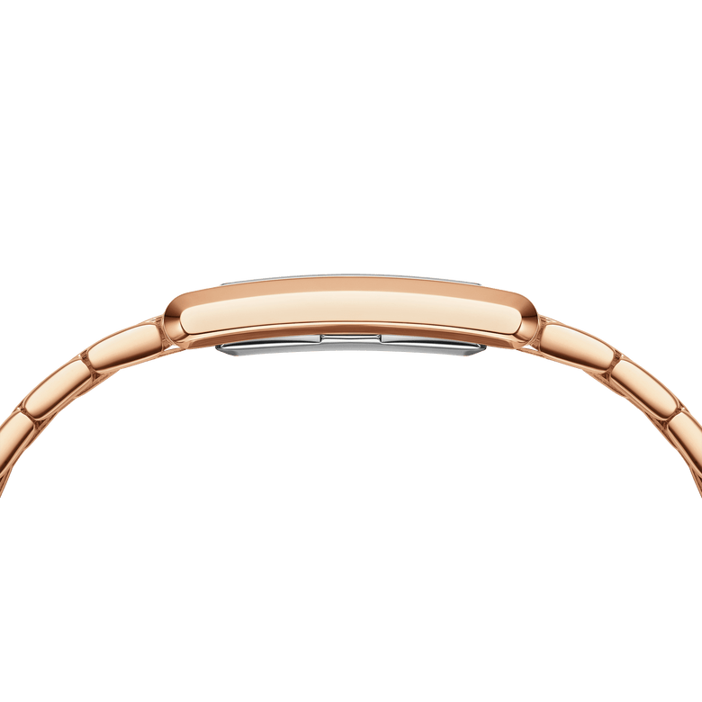Side profile of the Bound 9-Link Emerald Sunray ladies watch, highlighting the slim rectangular rose gold case and seamless bracelet design.
