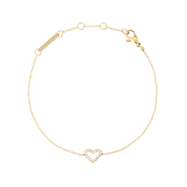 Delicate Mirelle Heart Bracelet Gold featuring a slim chain and an open heart charm set with cubic zirconia crystals, crafted in gold-plated stainless steel with adjustable links for a comfortable fit.