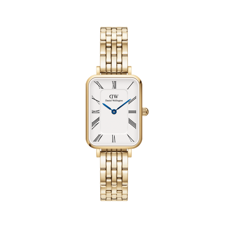 Quadro Roman Numerals 5-Link Gold ladies watch featuring a rectangular white dial with classic Roman numerals, blue steel hands, and a slim gold 5-link bracelet, offering a refined and timeless look.