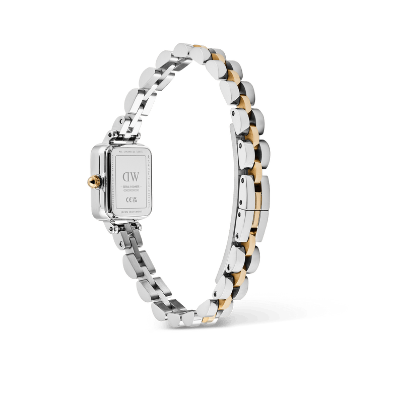 Rear view of the Quadro Mini Arch 3-Link Two Tone Rose Gold ladies watch, showing the stainless steel case back and the polished silver and rose gold 3-link bracelet with butterfly clasp.