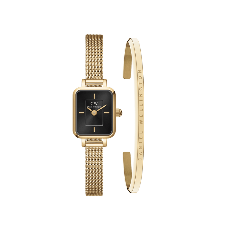 Quadro Mini Evergold Onyx watch with a rectangular black dial and gold mesh strap, paired with a slim gold Classic Bracelet featuring Daniel Wellington branding, both designed for women who appreciate minimalist and elegant gold accessories.
