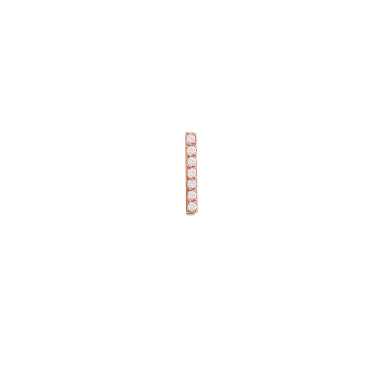Slim rose gold stud earring featuring a vertical bar set with seven sparkling cubic zirconia crystals, designed for a minimalist and elegant look.