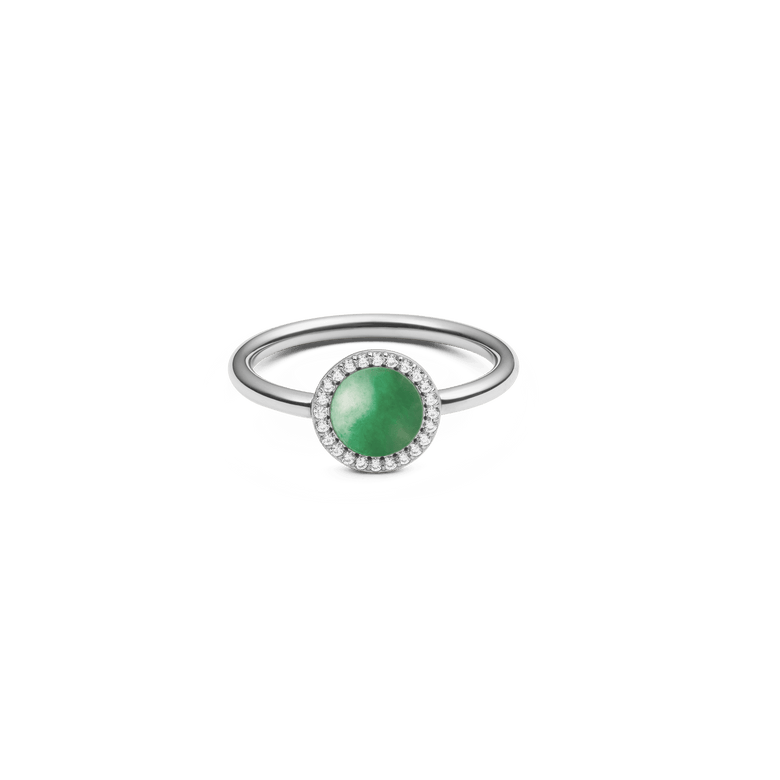 Audrey Ring Jade Silver with a slim silver band, featuring a round green jade centrepiece framed by a halo of sparkling white cubic zirconia for a modern, elegant finish.
