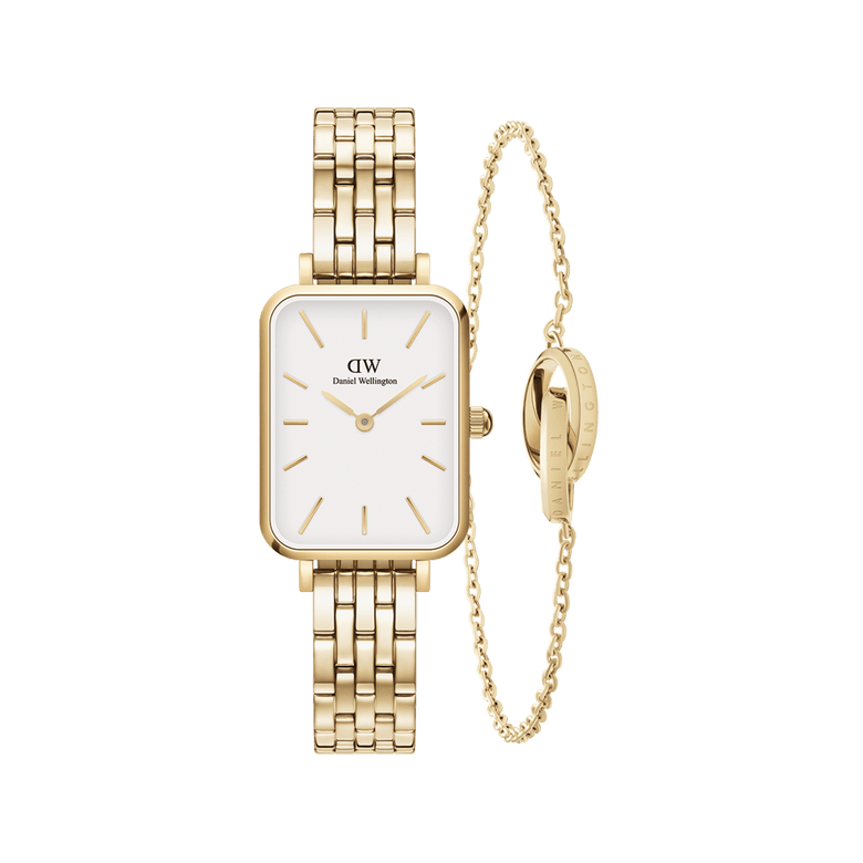 Rectangular gold watch with a white dial and polished 5-link bracelet, paired with a delicate gold chain bracelet featuring a signature ring charm, both crafted from stainless steel with a gold finish.