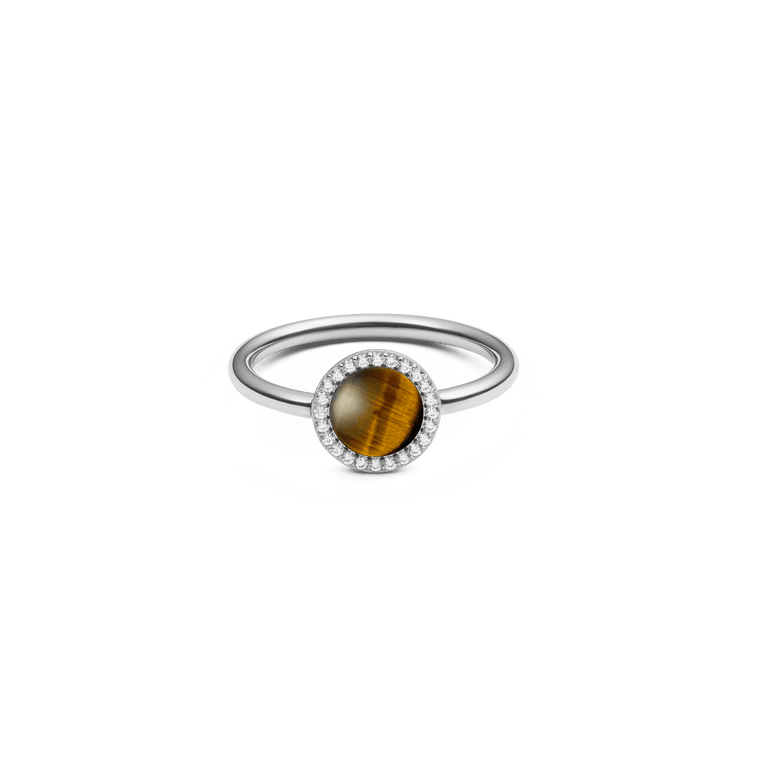 Slim silver ring featuring a round tiger eye gemstone at the centre, surrounded by a halo of sparkling white cubic zirconia crystals.