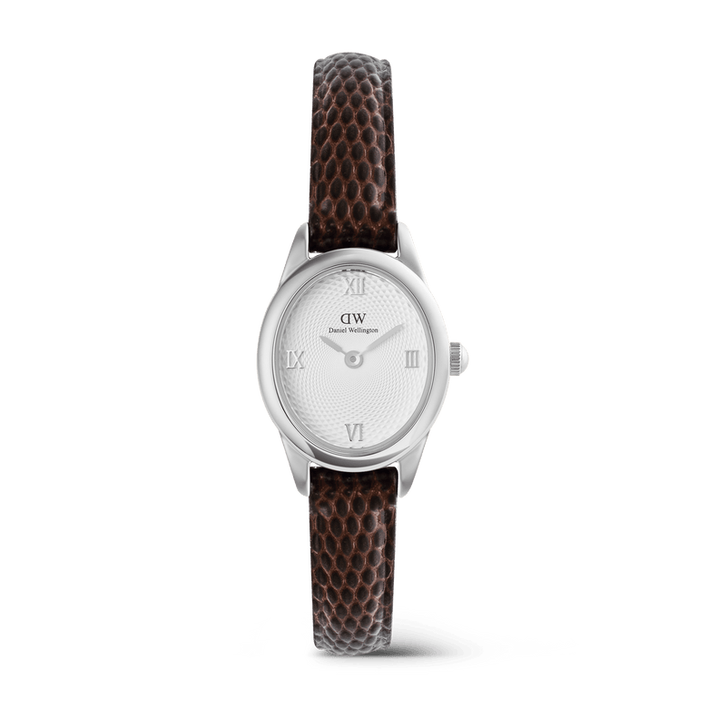 Ophelia Mini Dark Brown Lizard White Guilloché Silver ladies watch featuring a petite oval silver case, white guilloché dial with Roman numerals, and a slim dark brown lizard-embossed leather strap.