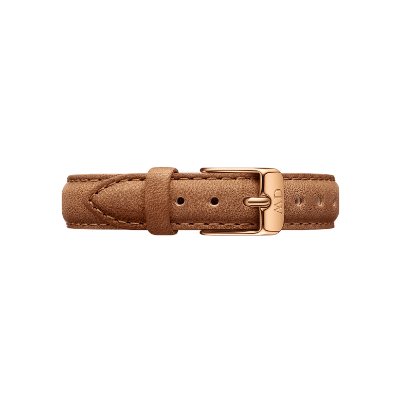 Durham Strap Rose Gold featuring warm brown genuine leather, a polished rose gold buckle, and detailed stitching, designed for easy adjustment and a comfortable fit.