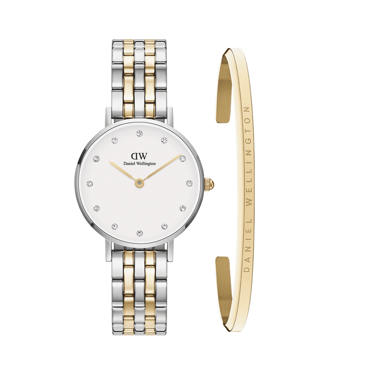 Petite Lumine 5-link two-tone watch with a gold and silver bracelet, white dial, crystal hour markers, and matching Classic Bracelet Gold featuring engraved branding, displayed side by side.