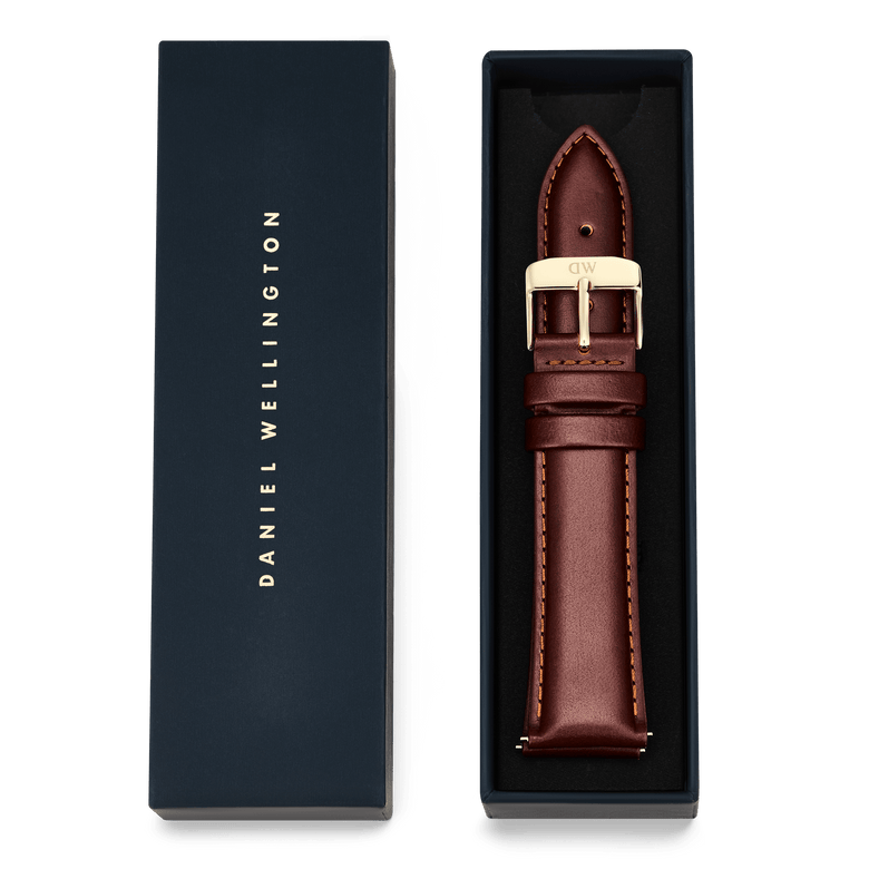 Tapered St Mawes Strap Gold presented in premium packaging, featuring a brown genuine leather strap with gold-plated buckle and subtle stitching, ideal as a stylish gift or watch upgrade for men.