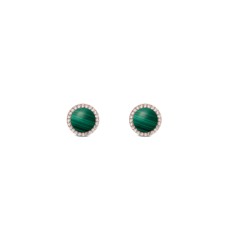 A pair of round stud earrings featuring domed green malachite centres, each surrounded by a halo of white cubic zirconia set in rose gold. The minimalist design highlights the natural malachite patterns and refined sparkle, ideal for adding a touch of colour to everyday or formal outfits.