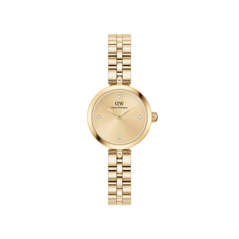 Elan Lumine Unitone Gold ladies watch with a petite 22mm gold case, minimalist crystal dial, and three-link gold bracelet, showcasing a refined and timeless style suitable for everyday wear.