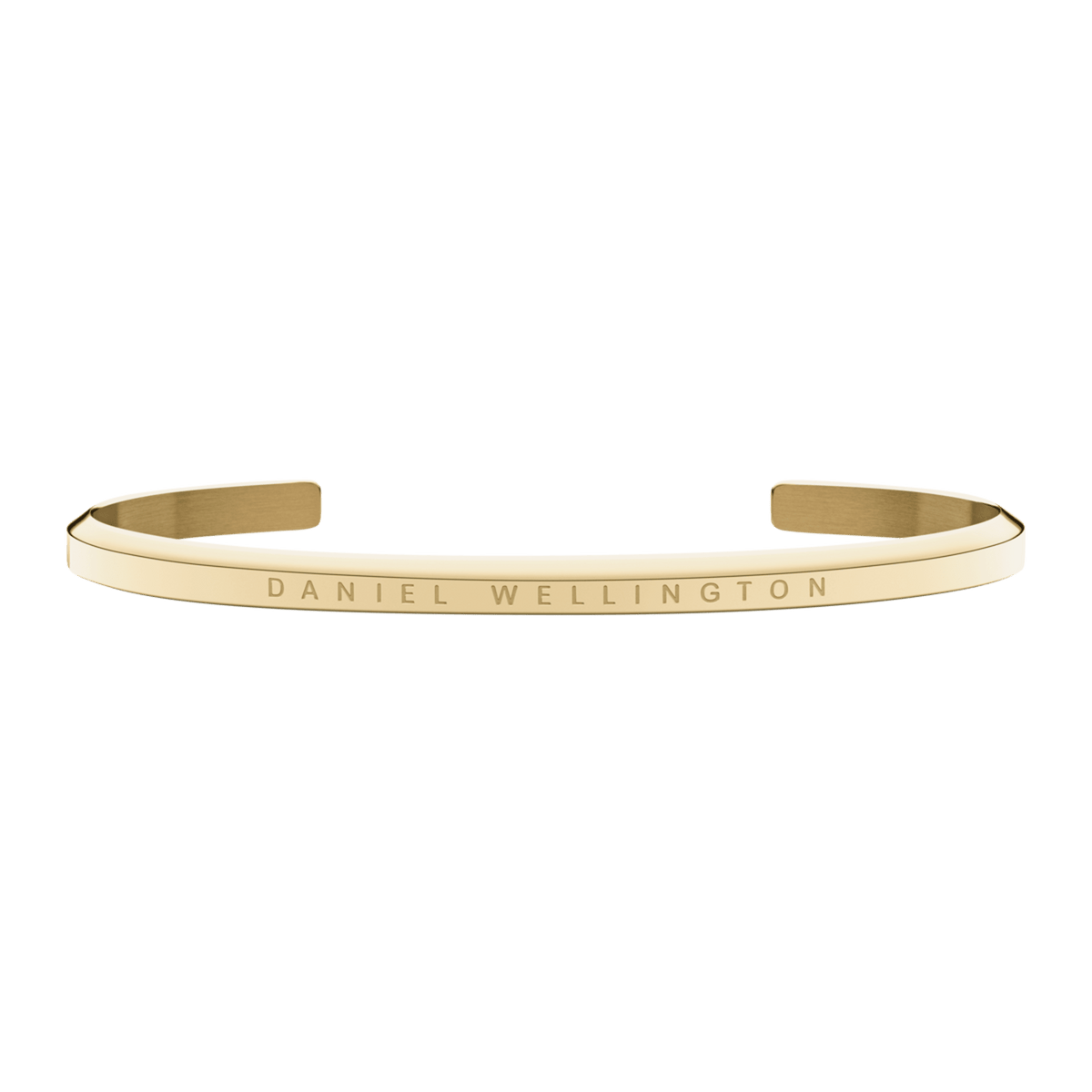 Minimalist Classic Bracelet Gold with a polished finish, featuring an engraved Daniel Wellington logo on a slim, adjustable gold cuff suitable for layering or everyday wear.
