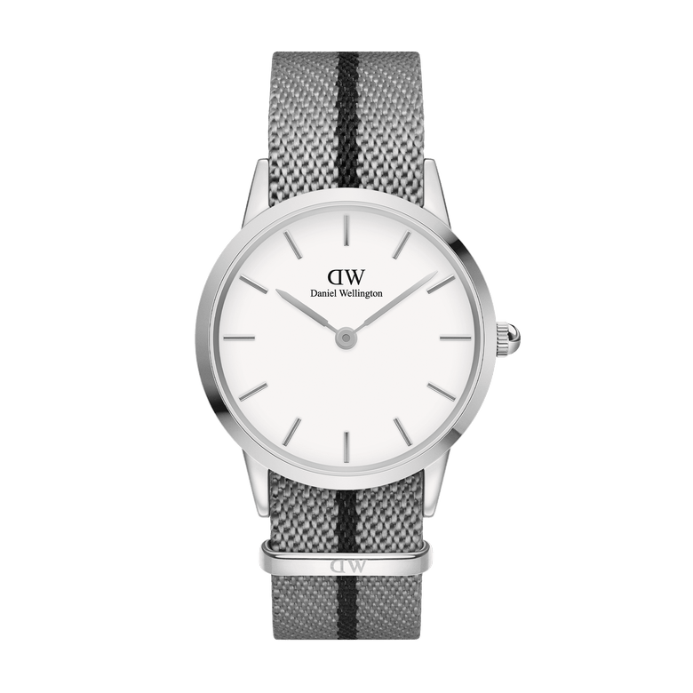 Daniel Wellington Iconic NATO Grey/Black watch with a 36mm stainless steel case, minimalist white dial, and a grey and black recycled nylon NATO strap featuring a twill weave and adjustable length.