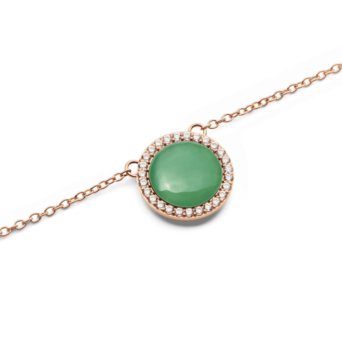 Close-up of the Audrey Necklace Jade Rose Gold pendant, showcasing a polished green jade stone encircled by white cubic zirconia crystals on a rose gold chain.