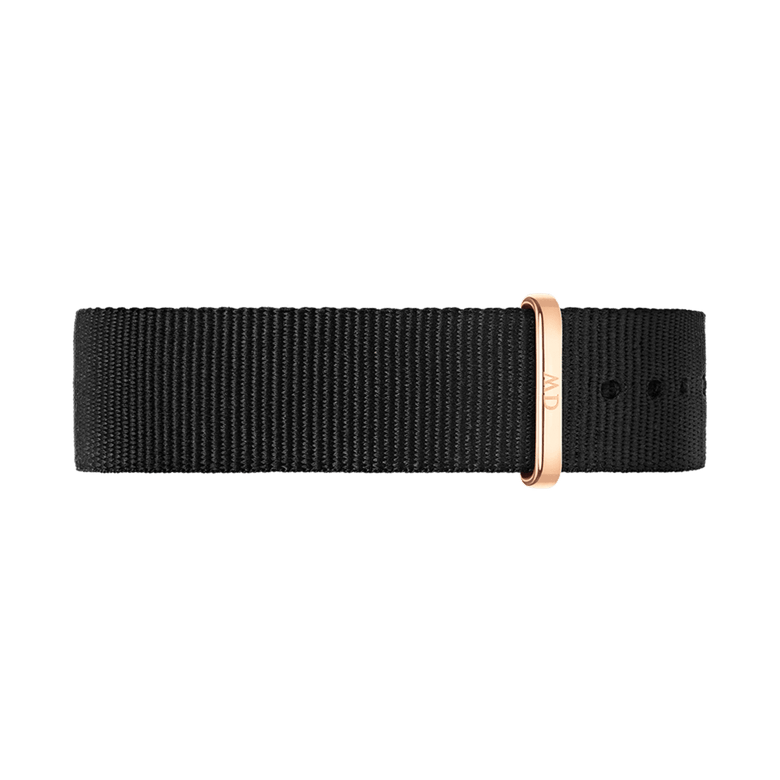 Cornwall Strap Rose Gold features a durable black polyester NATO-style watch strap with a rose gold buckle, offering a refined and modern accessory for any timepiece.