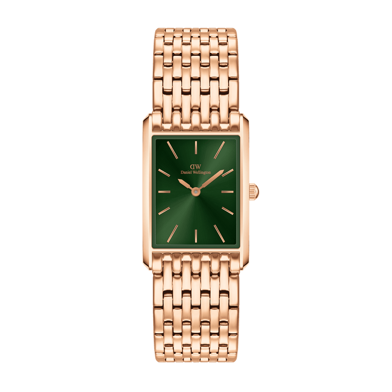 Bound 9-Link Emerald Sunray ladies watch featuring a slim rectangular rose gold case, integrated 9-link bracelet, and a striking green sunray dial with minimalist markers.