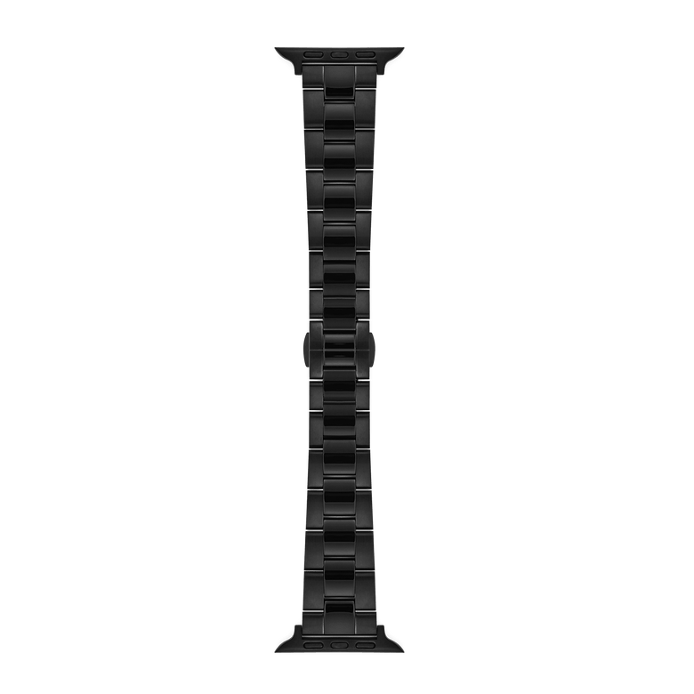 Smartwatch Iconic Link Onyx replacement watch strap in black 316L stainless steel, featuring a classic 3-link design with brushed outer links and a polished centre link, suitable for Apple Watch cases.