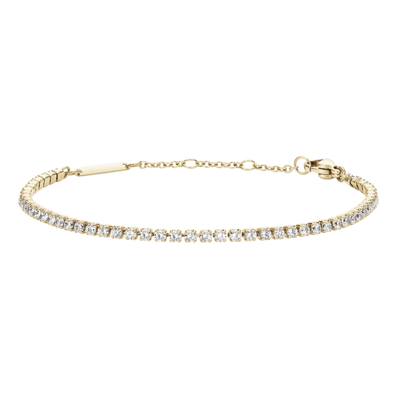 Classic Tennis Bracelet Gold featuring a slim gold chain with individually claw-set cubic zirconia stones and an adjustable clasp, designed for a refined and elegant look.