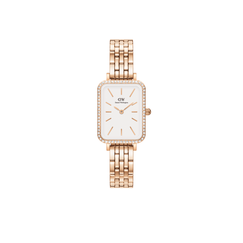 Rose gold ladies watch with a rectangular case, white minimalist dial, crystal-set bezel, and a five-link stainless steel strap, ideal for both formal and casual wear.