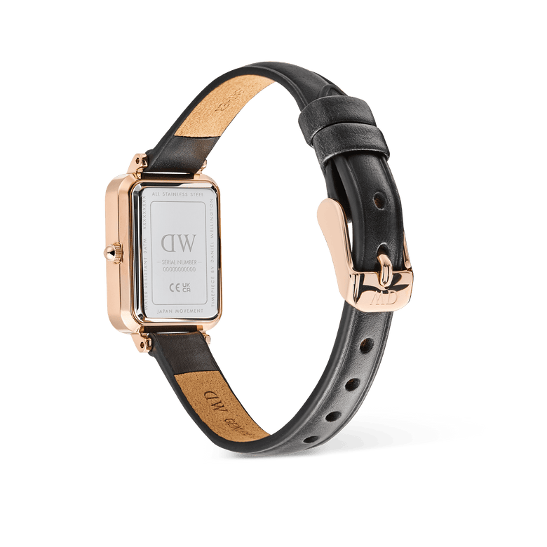 Quadro Roman Numerals Date Sheffield Rose Gold ladies watch showing the back of the rectangular rose gold case, engraved details, and adjustable black genuine leather strap with rose gold pin buckle.
