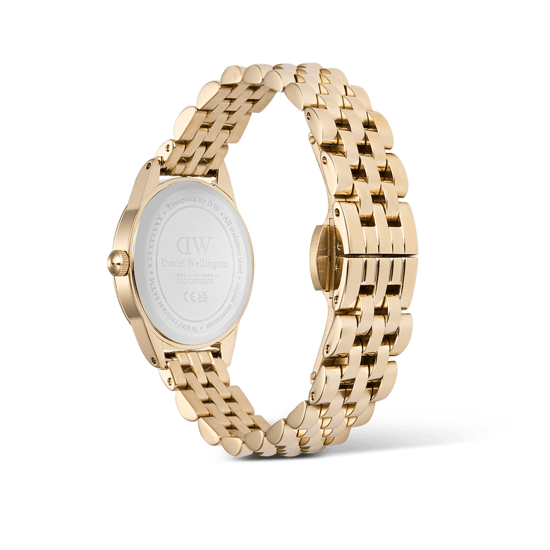Back view of the Ophelia Mini Gold watch showing the stainless steel caseback, polished gold 5-link bracelet, and butterfly clasp, highlighting the quality craftsmanship and elegant finish.
