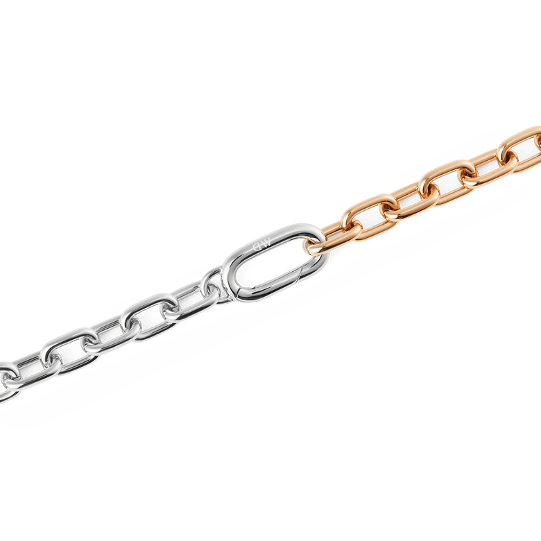 Close-up of the Contrast Link Necklace Two Tone Rose Gold, highlighting its polished architectural links in a seamless half silver and half rose gold design with a smooth, squared silhouette.