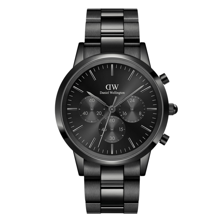 Iconic Chronograph Link Onyx B men's watch featuring an all-black stainless steel case and link bracelet, with a black sunray dial and three chronograph sub-dials for stopwatch functionality.