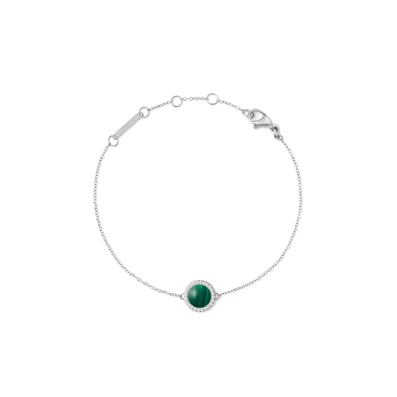 Slim silver bracelet with an adjustable chain, featuring a domed malachite centrepiece surrounded by white cubic zirconia, designed for women who appreciate understated elegance.