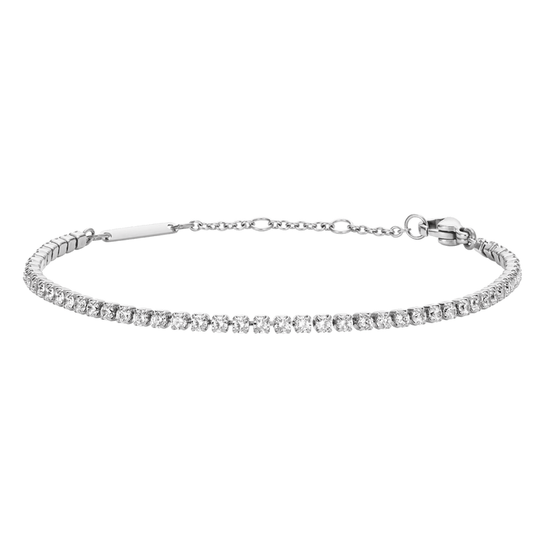 Classic Tennis Bracelet Silver featuring a row of sparkling cubic zirconia crystals set in a slim, adjustable stainless steel chain with a secure clasp.
