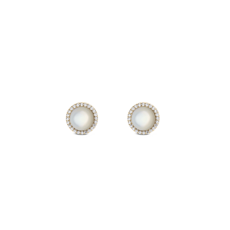 A pair of gold stud earrings featuring domed mother of pearl centres, each surrounded by a halo of sparkling white cubic zirconia crystals in a petite, elegant design.