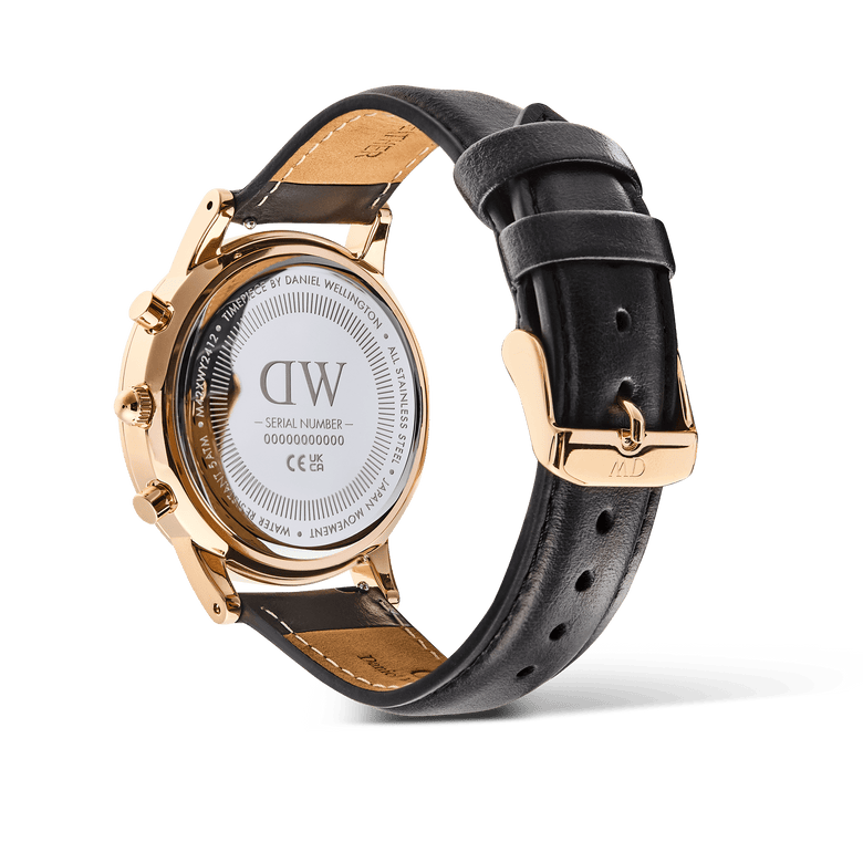 Rear view of the Iconic Chronograph Sheffield Arctic Panda Rose Gold watch, showing the engraved stainless steel case back, rose gold finish, and adjustable black leather strap with gold buckle.