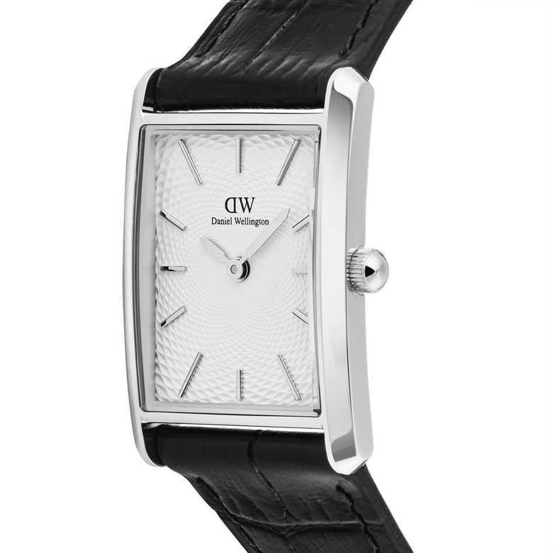 Close-up of the Bound Black Crocodile Guilloché Silver watch showing its polished rectangular silver case, white guilloché-patterned dial, and black crocodile-embossed genuine leather strap.