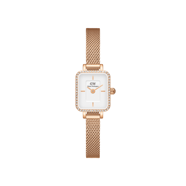 Quadro Mini Lumine Bezel Rose Gold ladies watch with a rectangular white dial, crystal-set bezel, and an adjustable rose gold mesh strap, designed for everyday elegance and comfortable wear.