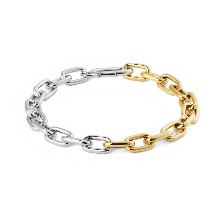 Contrast Link Bracelet Two Tone Gold featuring alternating polished gold and silver rectangular links, crafted from stainless steel with a modern, sculptural design.